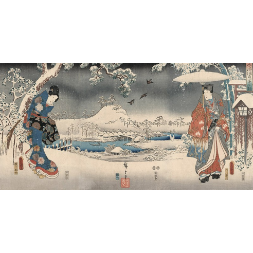 Snowy landscape with a woman and a...