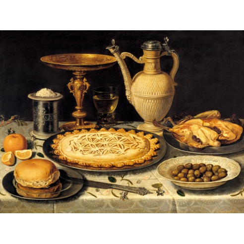 Still life with a tart, roast...