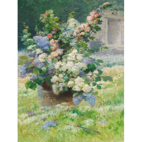 Fliederzweige und Stockrosen