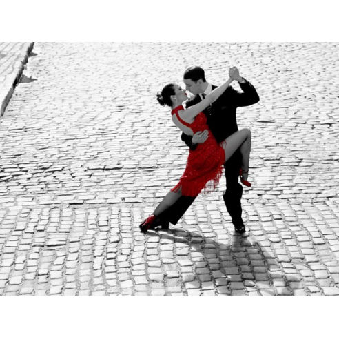 Couple dancing Tango on cobblestone road