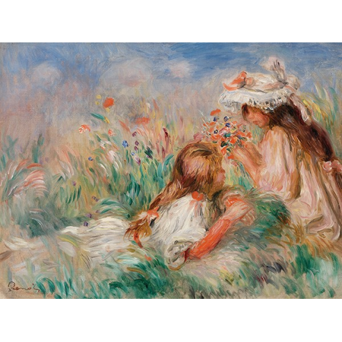 Girls in the Grass Arranging a Bouquet